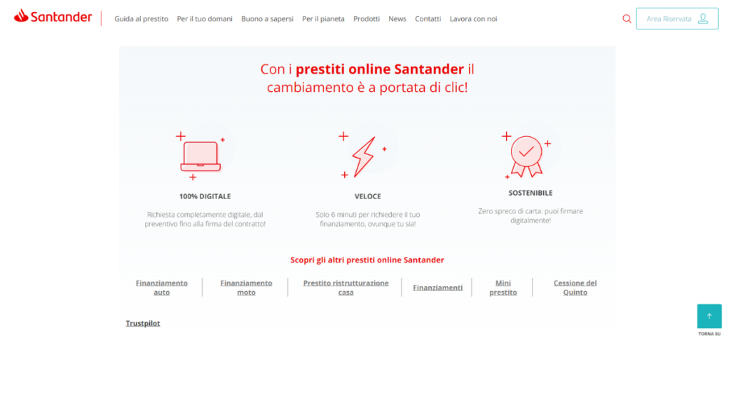 Pagina del Prestito Personale sul sito di Santander