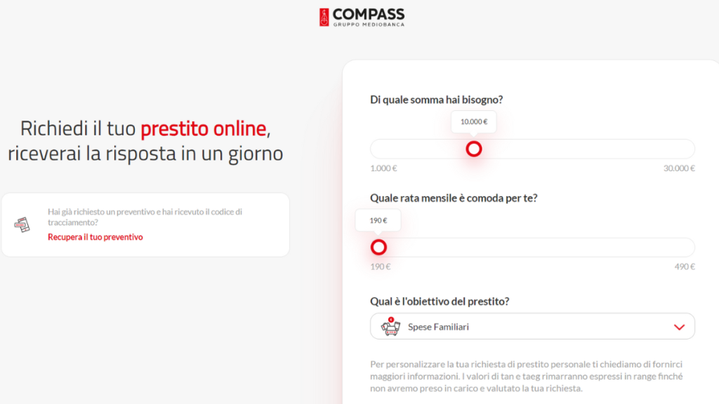 Pagina dela carta di credito sul sito di Compass