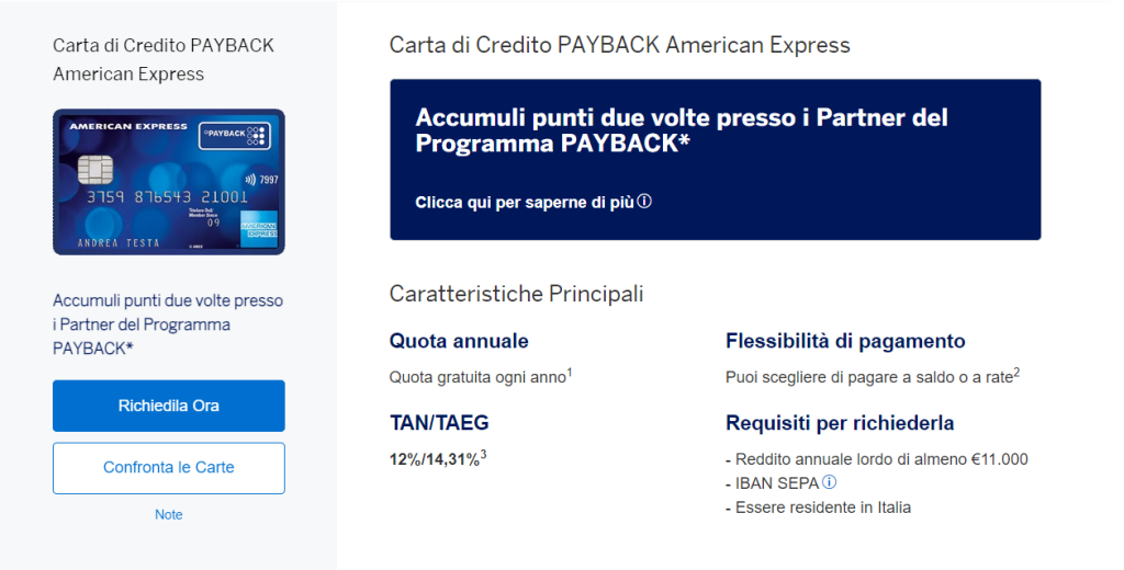 Carta PAYBACK American Express website