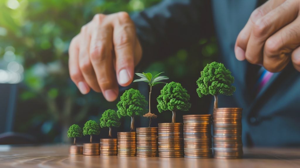 image of a person in business attire with their hand placing a small tree atop a stack of coins. The coins should be arranged in increasing stacks to represent growth, with each stack supporting